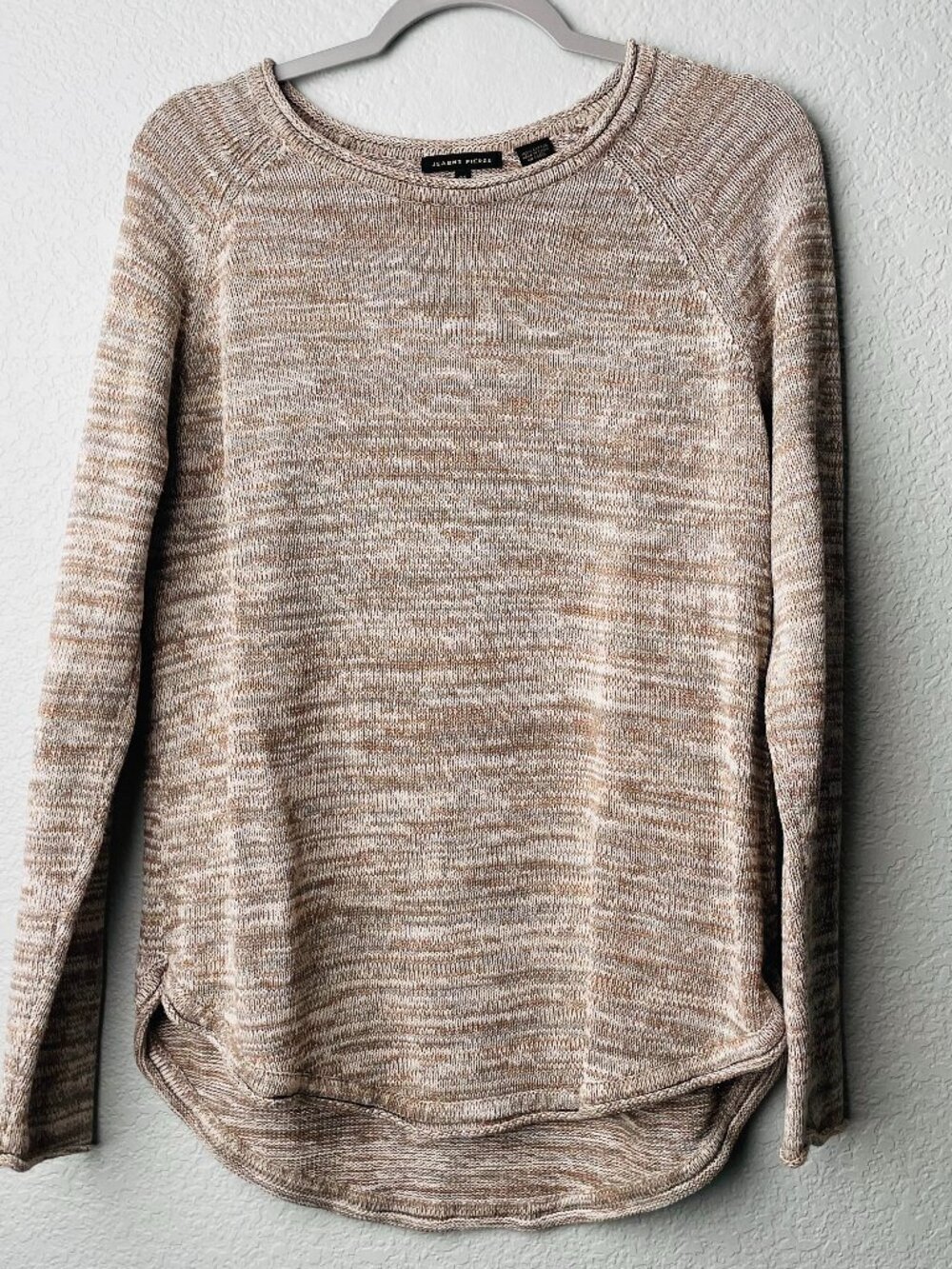 Jeanne Pierre 100% Cotton Knit Tan Brown Beige Curved Hem Sweater | Medium